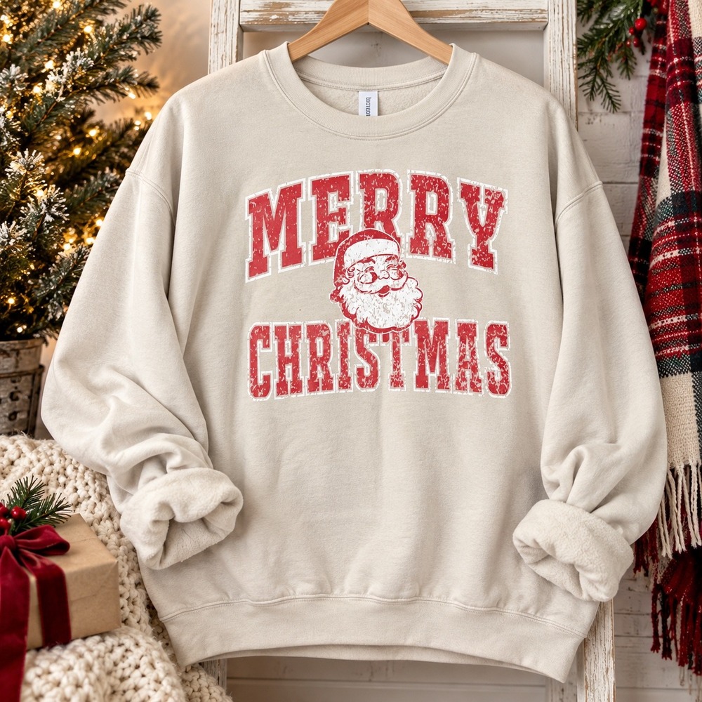 Merry Christmas Santa Sweatshirt 3XL Distressed Retro Varsity Holiday Graphic